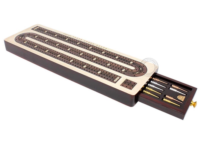 House of Cribbage - 3 Track Continuous Cribbage Board Inlaid in Rosewood - Maple Wood - Size: 12.5 Inches - Storage Drawer for Cribbage Pegs - Image 3